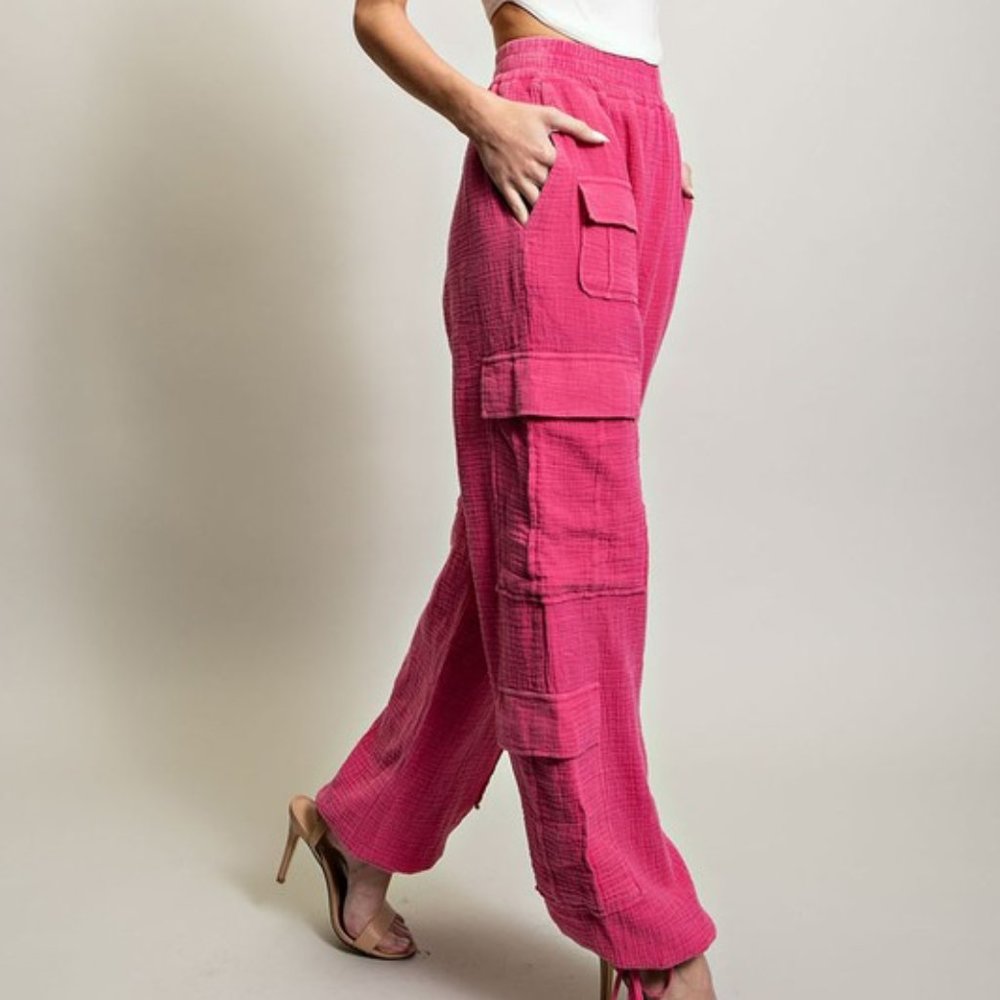 Hot Pink Mineral Washed Cotton Elastic Waist Cargo Pants - Picture 4 of 6
